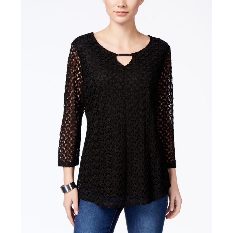 Jm Collection Petite Crocheted Keyhole Blouse
